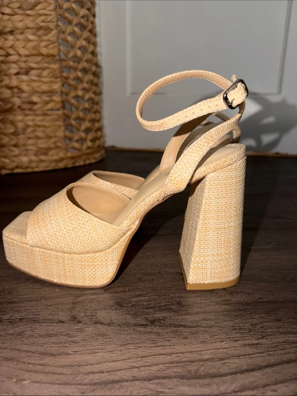 Beige Woven Platform Block Heel Sandals